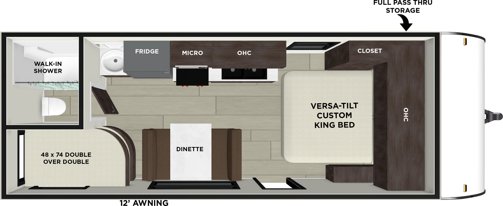 The Cruise Lite 19DBXL has one entry and zero slide outs. Exterior features include: metal exterior, 12' awning and outside kitchen. Interiors features include: bunk beds and front bedroom.